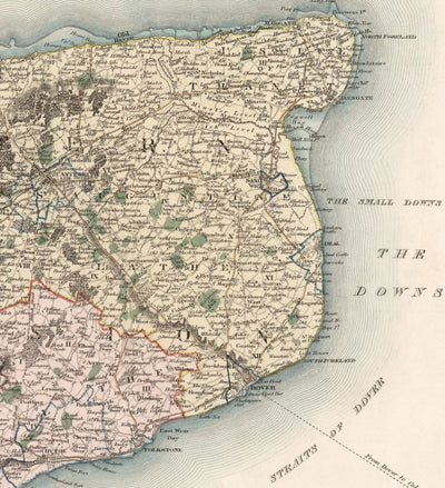 Ancienne carte de Kent, 1829 par Greenwood & Co. - Canterbury, Maidstone, Bromley, Tunbridge, Margate