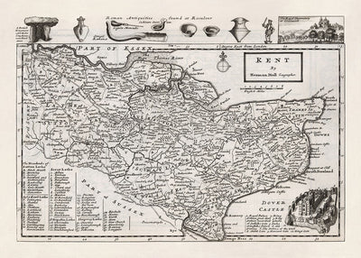 Ancienne Carte de Kent 1724, Herman Moll - Dartford, Maidstone, Brombley, Tunbridge, Gillingham, Chatham
