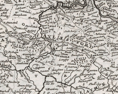 Mapa antiguo de Kent 1724, Herman Moll - Dartford, Maidstone, Bromley, Túnbridge, Gillingham, Chatham