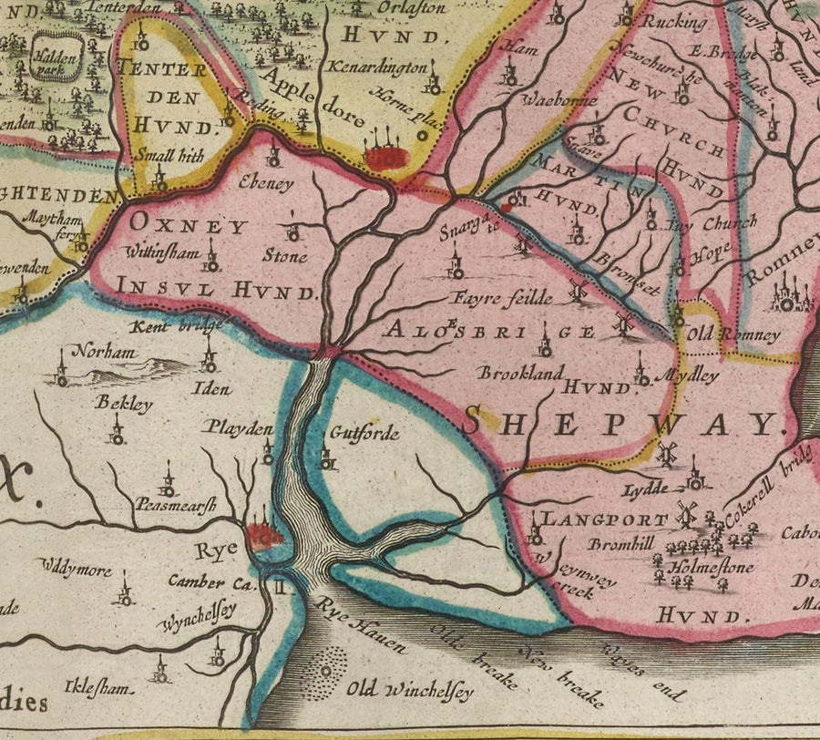 Antica mappa del Kent nel 1665 di Joan Blaeu - Canterbury, Maidstone, Bromley, Tunbridge, Margate, Dartford 