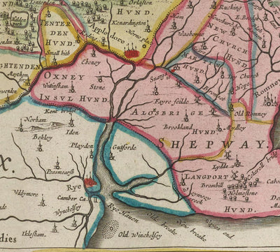 Ancienne carte de Kent en 1665 par Joan Blaeu - Canterbury, Maidstone, Bromley, Tunbridge, Margate, Dartford