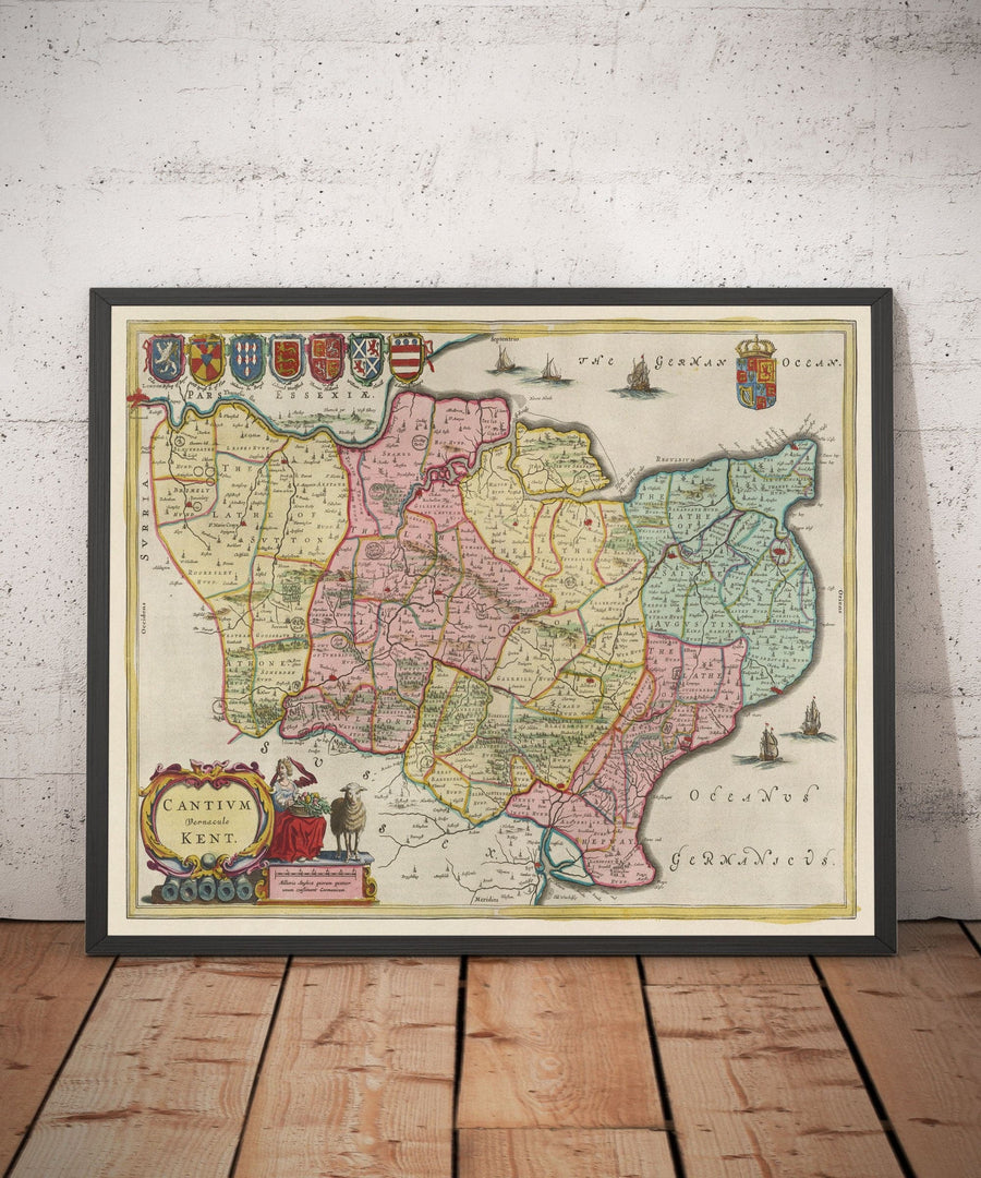 Antica mappa del Kent nel 1665 di Joan Blaeu - Canterbury, Maidstone, Bromley, Tunbridge, Margate, Dartford 