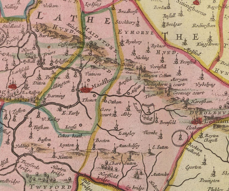 Antica mappa del Kent nel 1665 di Joan Blaeu - Canterbury, Maidstone, Bromley, Tunbridge, Margate, Dartford 