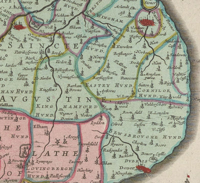 Ancienne carte de Kent en 1665 par Joan Blaeu - Canterbury, Maidstone, Bromley, Tunbridge, Margate, Dartford