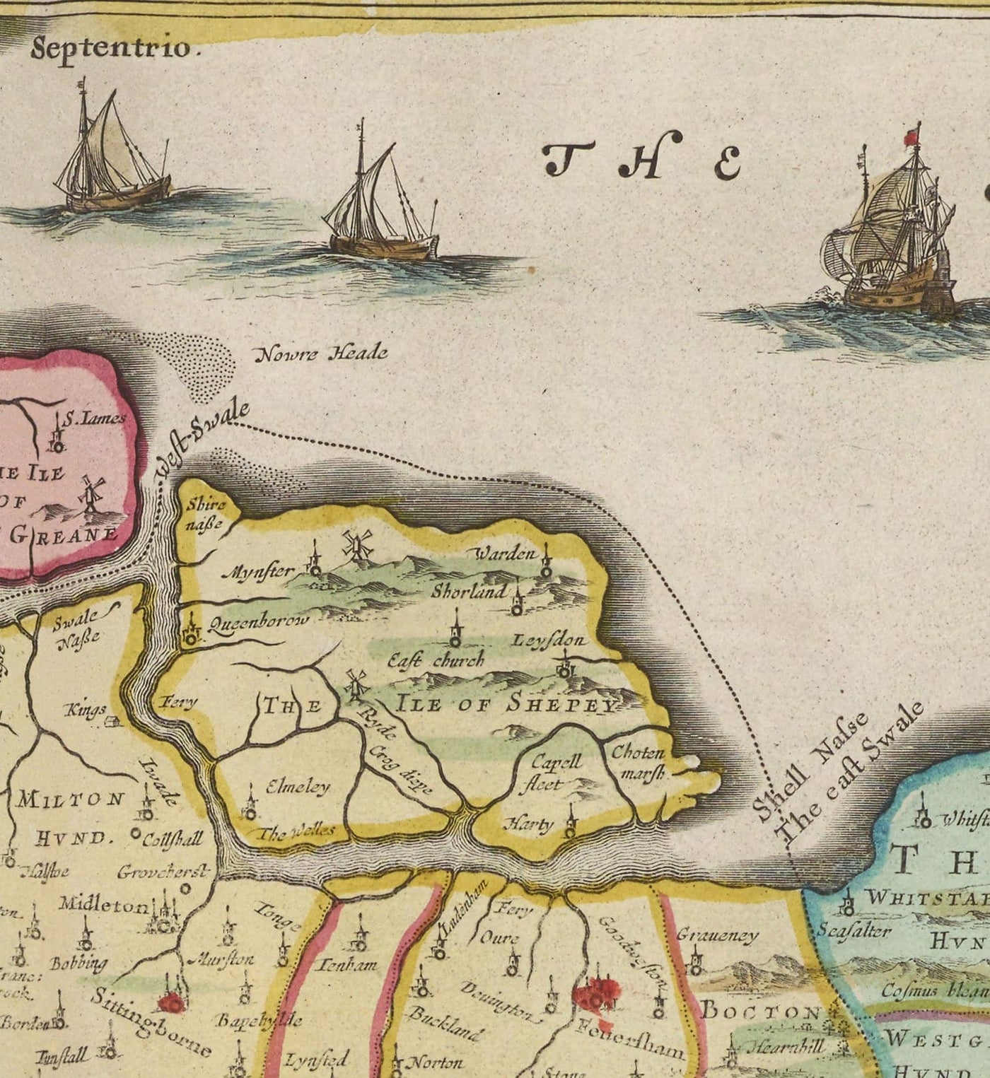 Alte Karte von Kent im Jahre 1665 von Joan Blaeu - Canterbury, Maidstone, Bromley, Tunbridge, Margate, Dartford