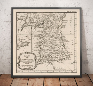 Alte Karte von Korea im Jahr 1764 von Bellin - Nord, Süd, Seoul, Pjöngjang, Halbinsel, Joseon-Dynastie, Busan, Daegu 