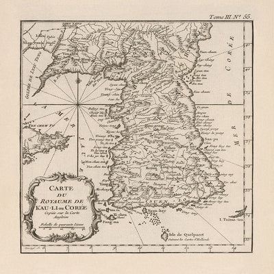 Ancienne carte de Corée en 1764 par Bellin - Nord, Sud, Séoul, Pyongyang, Péninsule, Joseon Dynastie, Busan, Daegu
