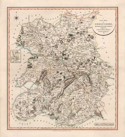 Ancienne carte du Shropshire en 1805 par John Cary - Shrewsbury, Bridgnorth, Ludlow, Ironbridge, Oswestry