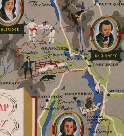 Mapa antiguo del Distrito del Lago, 1950 - Windermere, Derwentwater, Coniston, Lakeland, Keswick, Penrith, Cumbria