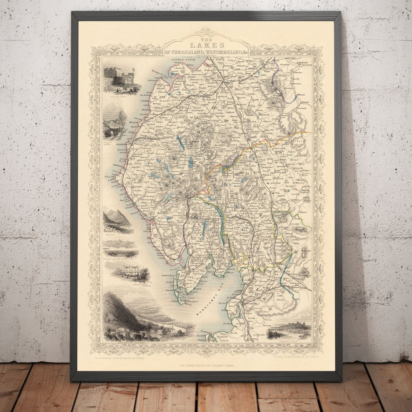 Alte Karte von Lake District, 1851 von Tallis & Rapkin - Cumbria, Westmorland, Lancashire, Windermere, Lakeland