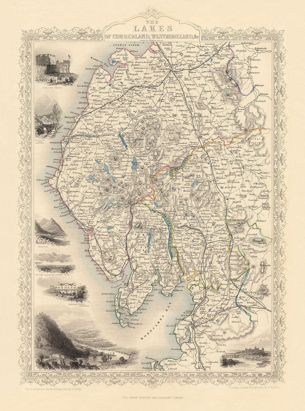 Ancienne carte de la lacune, 1851 par Tallis & Rapkin - Cumbria, Westmorland, Lancashire, Windermere, Lakeland