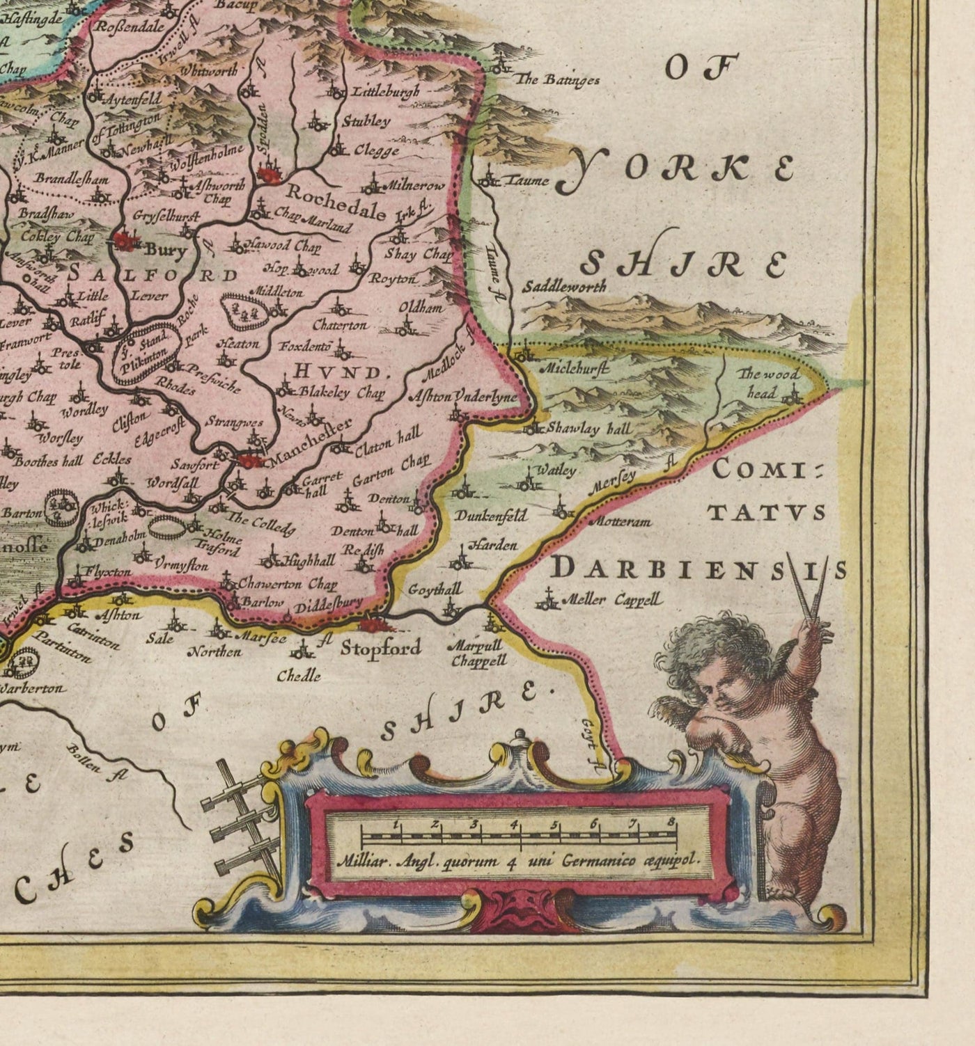 Alte Karte von Lancashire, 1611 von Joan Blaeu - Manchester, Liverpool, Preston, Blackburn