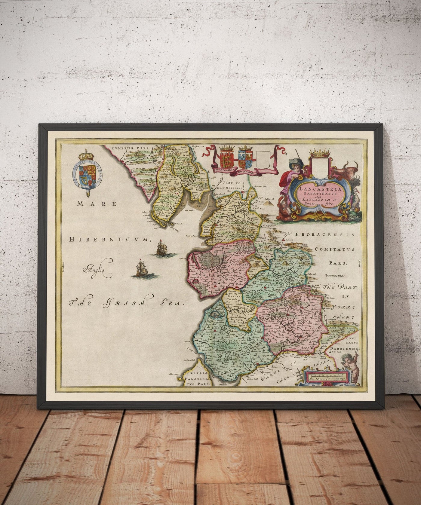 Old Map of Lancashire, 1654 by Joan Blaeu - Manchester, Liverpool, Preston, Blackburn, Windermere