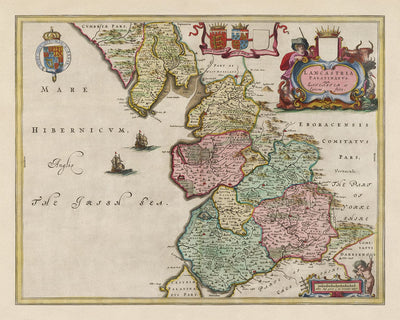 Mapa antiguo de Lancashire, 1611 de Joan Blaeu - Manchester, Liverpool, Preston, Blackburn