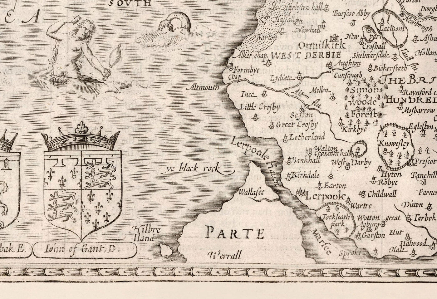 Alte Karte von Lancashire, 1611 von John Speed ​​- Manchester, Liverpool, Preston, Blackburn, Burnley