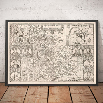 Ancienne carte du Lancashire, 1611 par John Speed - Manchester, Liverpool, Preston, Blackburn, Burnley, Windermere 