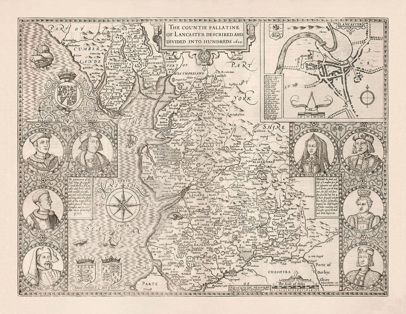 Old Map of Lancashire, 1611 by John Speed - Manchester, Liverpool, Preston, Blackburn, Burnley, Windermere