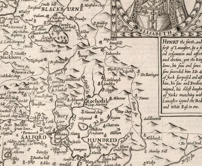 Ancienne carte de Lancashire, 1611 par John Vitesse - Manchester, Liverpool, Preston, Blackburn, Burnley
