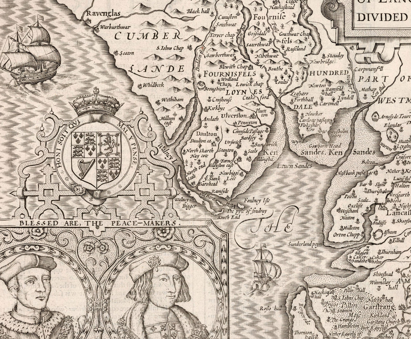 Ancienne carte de Lancashire, 1611 par John Vitesse - Manchester, Liverpool, Preston, Blackburn, Burnley