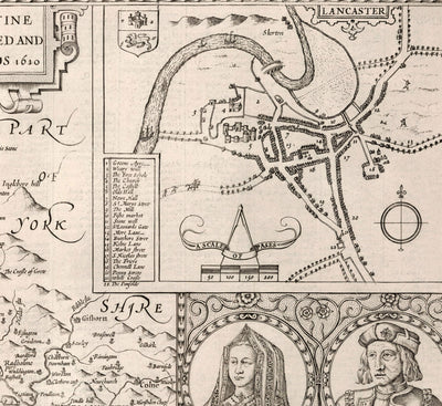 Alte Karte von Lancashire, 1611 von John Speed ​​- Manchester, Liverpool, Preston, Blackburn, Burnley