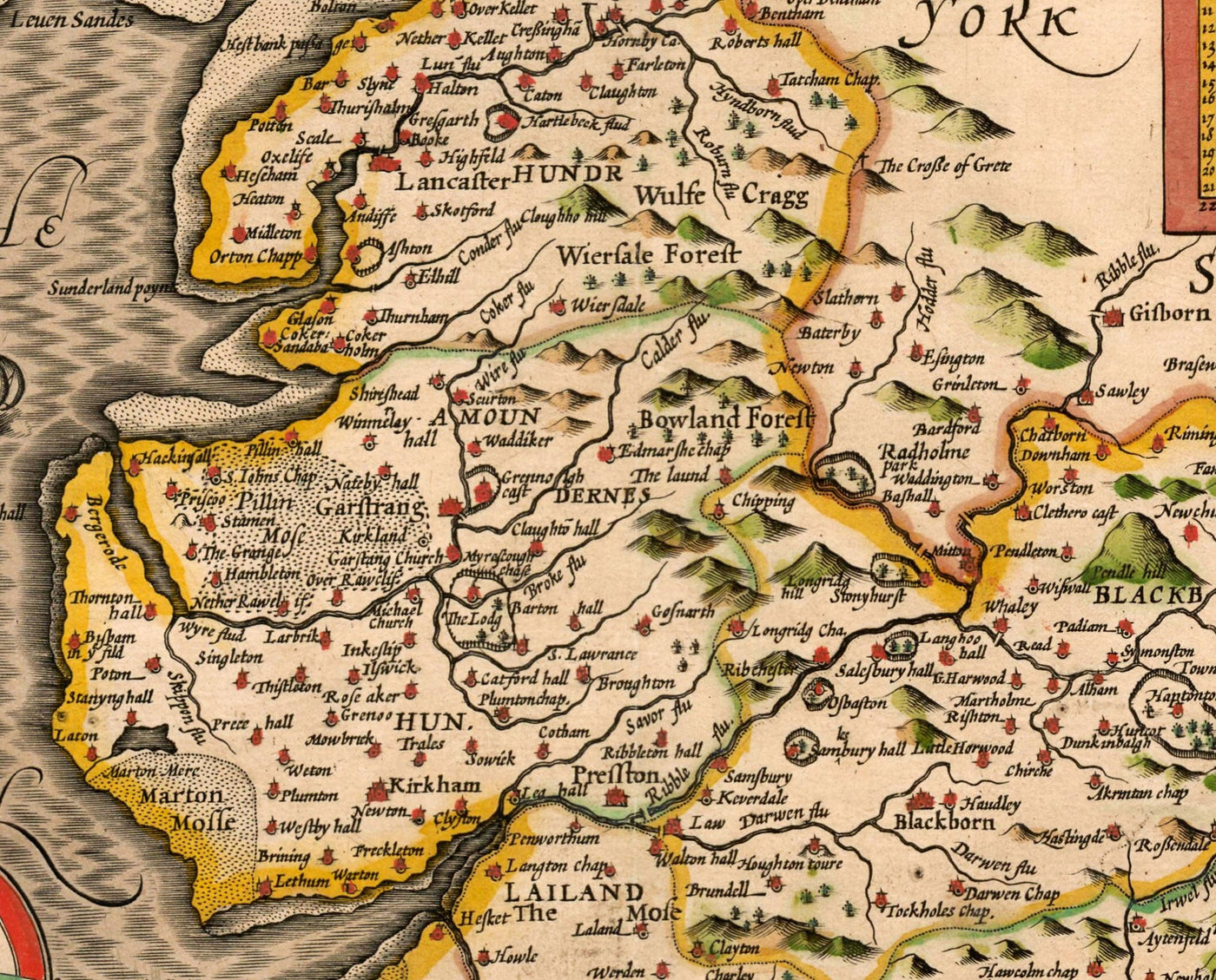 Ancienne carte de Lancashire en 1611 par John Vitesse - Manchester, Liverpool, Preston, Blackburn