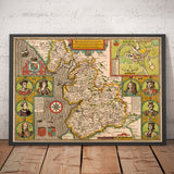 Old Map of Lancashire in 1611 by John Speed - Manchester, Liverpool, Preston, Blackburn, Windermere