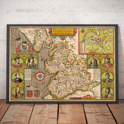 Viejo mapa de Lancashire en 1611 por John Speed ​​- Manchester, Liverpool, Preston, Blackburn