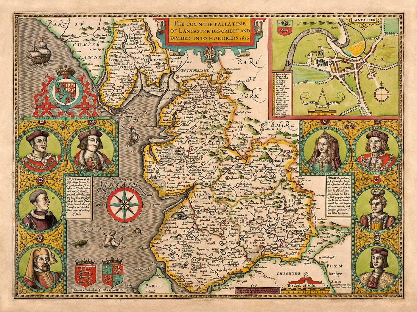 Alte Karte von Lancashire im Jahre 1611 von John Speed ​​- Manchester, Liverpool, Preston, Blackburn