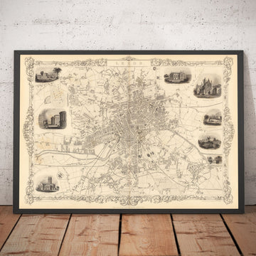 Ancienne carte rare de Leeds en 1851 par John Rapkin