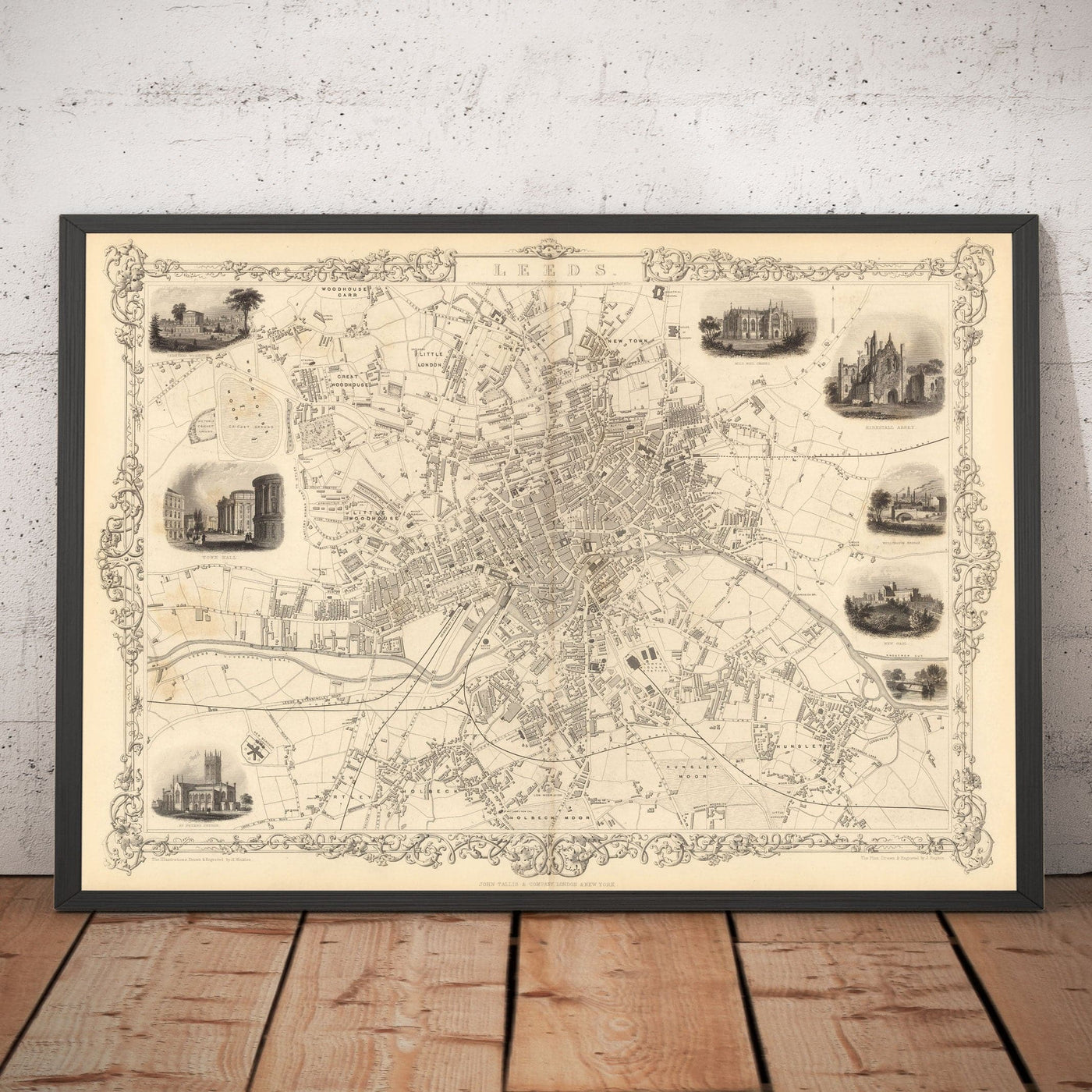 Ancienne carte rare de Leeds en 1851 par John Rapkin