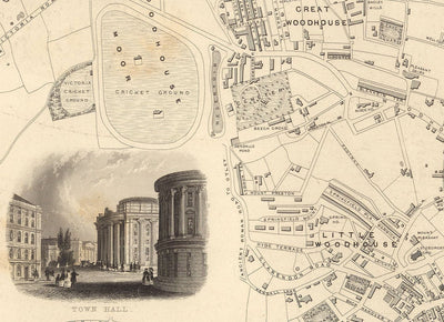 Raro mapa antiguo de Leeds en 1851 por John Rapkin