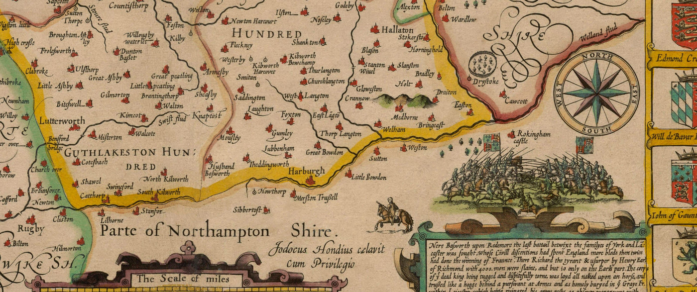 Mapa antiguo de Leicestershire en 1611 por John Speed ​​- Leicester, Loughborough, Hinckley, Wigston