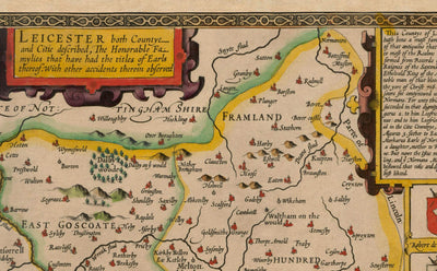 Alte Karte von Leicestershire im Jahre 1611 von John Speed ​​- Leicester, Loughborough, Hinckley, Wigston
