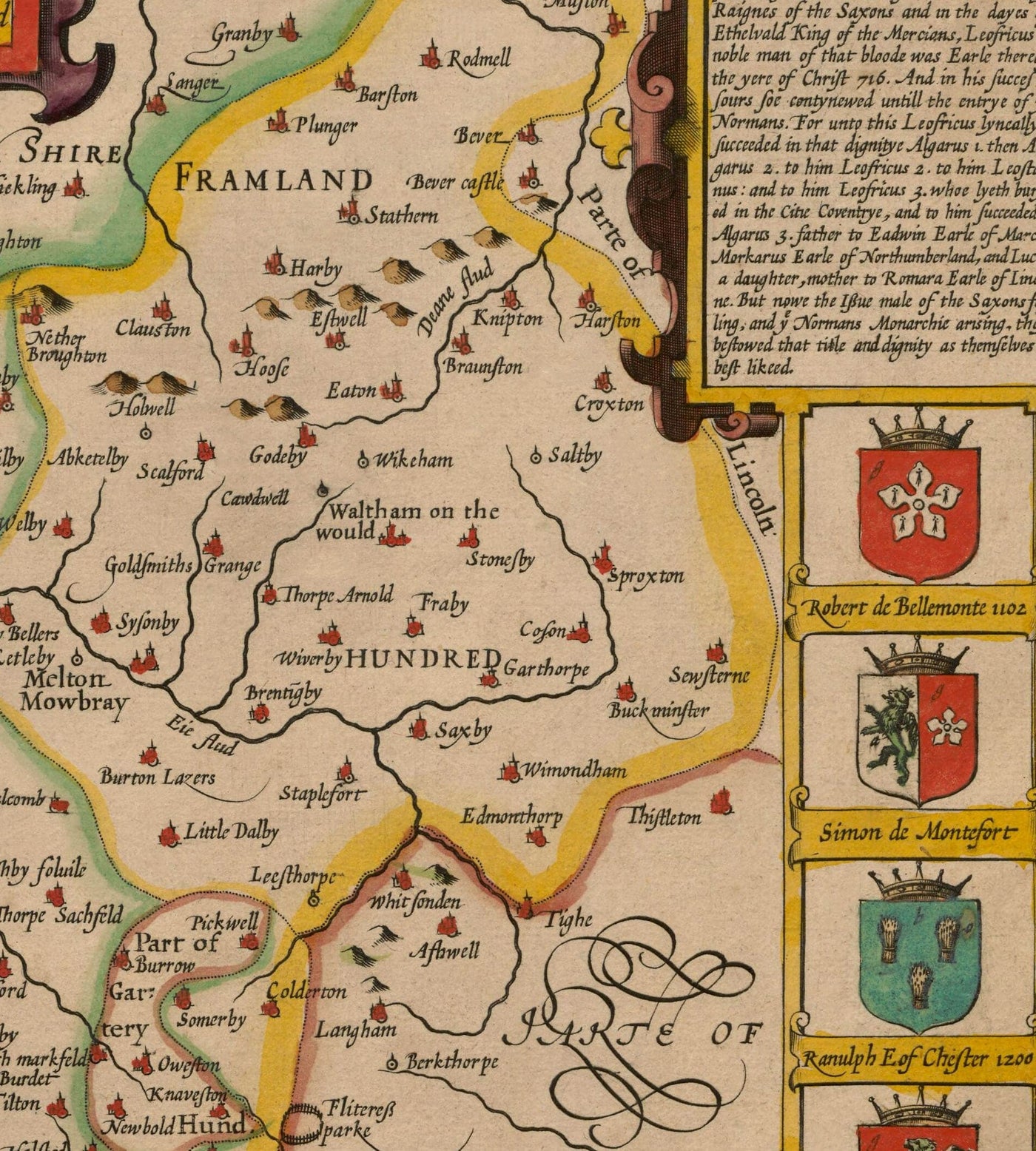 Mapa antiguo de Leicestershire en 1611 por John Speed ​​- Leicester, Loughborough, Hinckley, Wigston