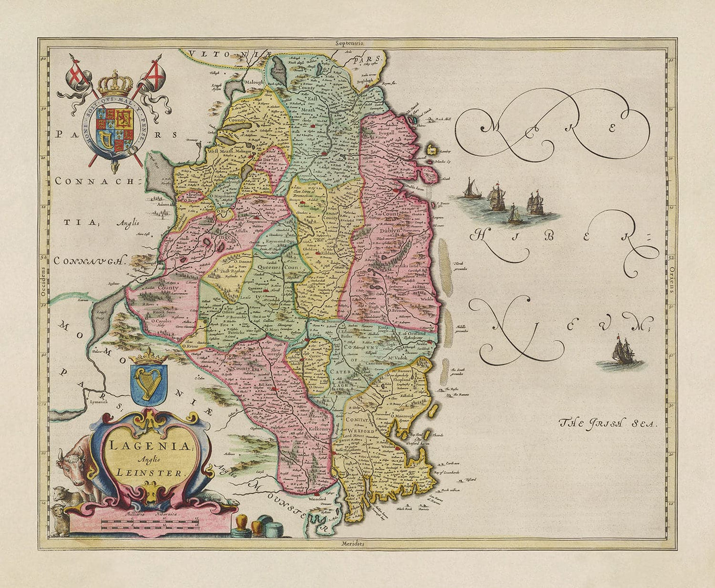 Alte Karte von Leinster, Irland im Jahre 1665 von Joan Blaeu - County Dublin, Kilkenny, Meath, Drogheda Swords, Waterford, East Eire