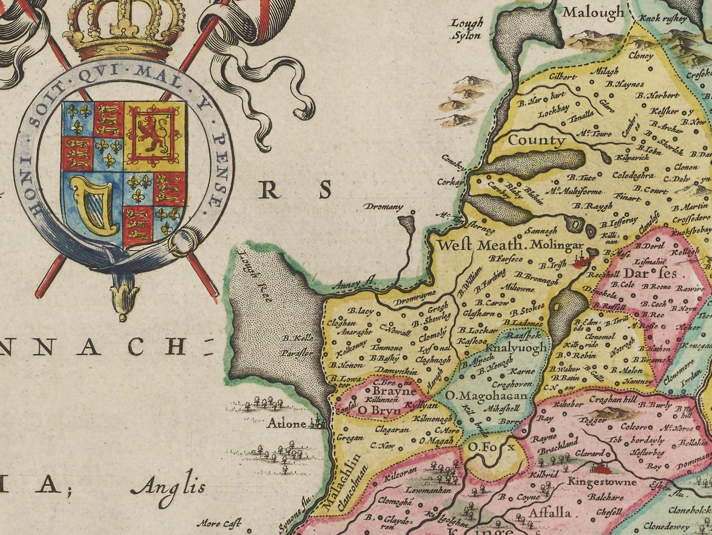 Mapa antiguo de Leinster, Irlanda en 1665 por Joan Blaeu - Condado de Dublín, Kilkenny, Meath, Drogheda Swords, Waterford, East Eire