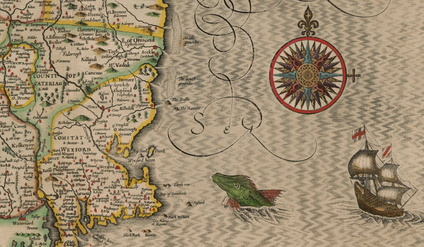Mapa antiguo de Leinster, Irlanda en 1611 por John Speed ​​- County Dublin, Kilkenny, Meath