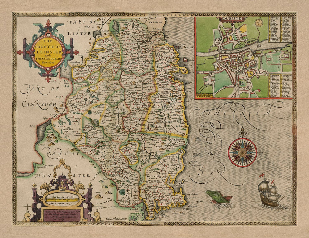 Old Map of Leinster, Ireland in 1611 by John Speed - County Dublin, Ki ...