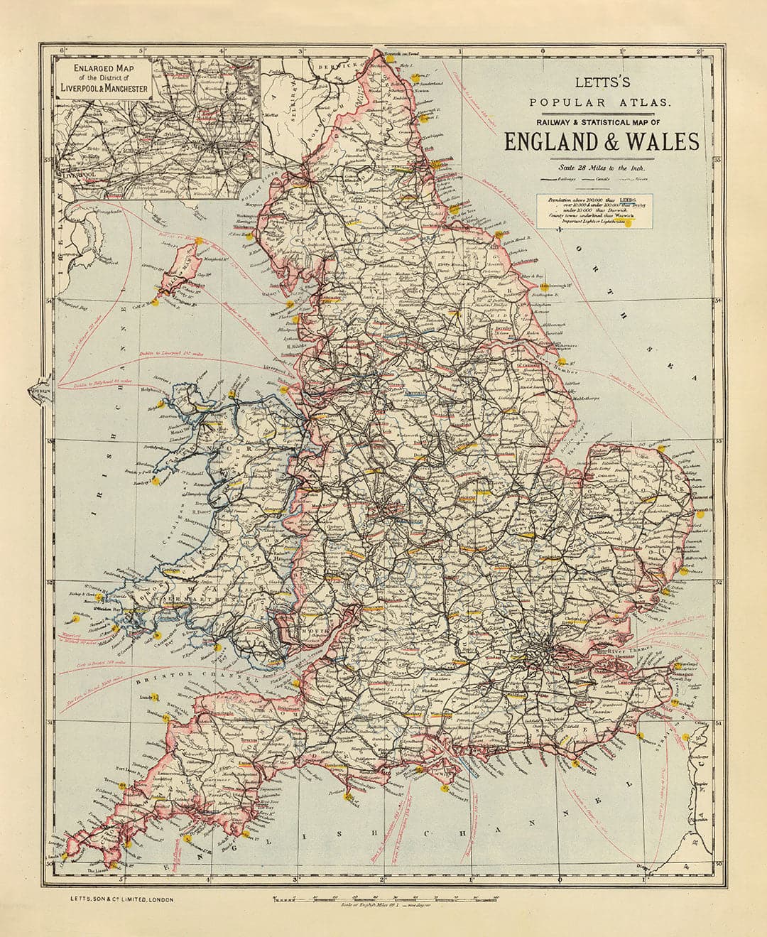 Mapa ferroviario y estadístico de Inglaterra y Gales de Letts, 1883