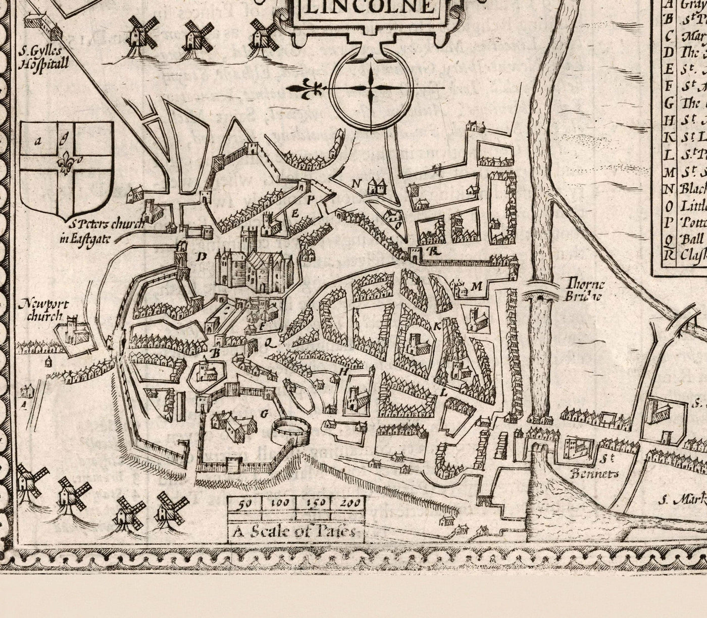 Alte monochrome Karte von Lincolnshire im Jahre 1611 per Geschwindigkeit - Lincoln, Grimsby, Grantham, Boston, Scohnthorpe, East Midlands