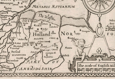 Viejo Mapa monocromo de Lincolnshire en 1611 por Speed ​​- Lincoln, Grimsby, Grantham, Boston, Scunthorpe, East Midlands