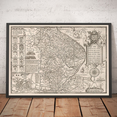 Vieille carte monochrome de Lincolnshire en 1611 à la vitesse - Lincoln, Grimsby, Grantham, Boston, Scunthorpe, East Midlands