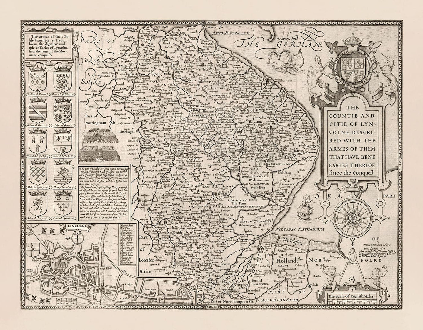 Alte monochrome Karte von Lincolnshire im Jahre 1611 per Geschwindigkeit - Lincoln, Grimsby, Grantham, Boston, Scohnthorpe, East Midlands