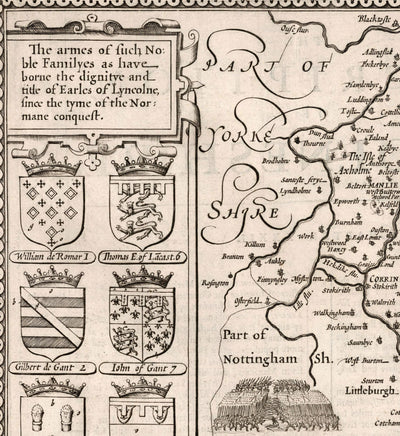 Viejo Mapa monocromo de Lincolnshire en 1611 por Speed ​​- Lincoln, Grimsby, Grantham, Boston, Scunthorpe, East Midlands