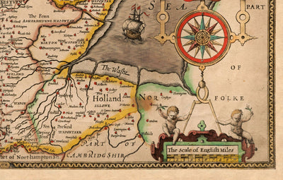 Alte Karte von Lincolnshire im Jahre 1611 von John Speed ​​- Lincoln, Grimsby, Grantham, Boston
