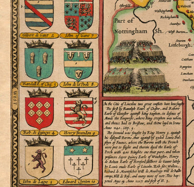 Ancienne carte de Lincolnshire en 1611 par John Speed ​​- Lincoln, Grimsby, Grantham, Boston