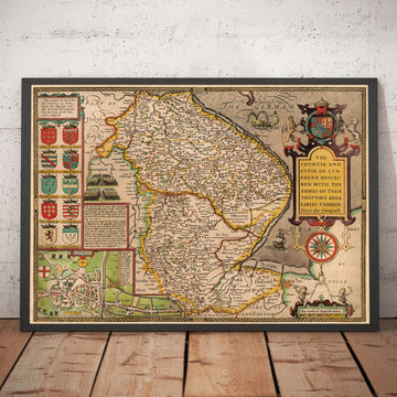 Alte Karte von Lincolnshire im Jahr 1611 von John Speed - Lincoln, Grimsby, Grantham, Boston 