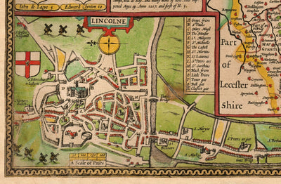 Viejo Mapa de Lincolnshire en 1611 por John Speed ​​- Lincoln, Grimsby, Grantham, Boston
