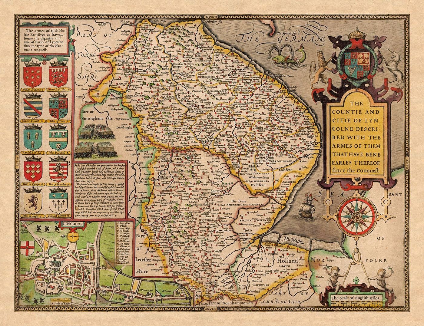 Viejo Mapa de Lincolnshire en 1611 por John Speed ​​- Lincoln, Grimsby, Grantham, Boston