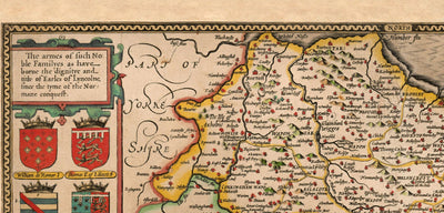 Ancienne carte de Lincolnshire en 1611 par John Speed ​​- Lincoln, Grimsby, Grantham, Boston